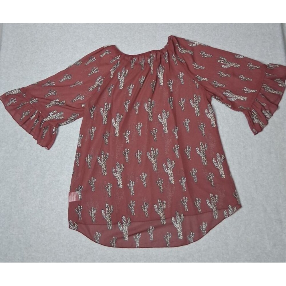 Cowgirl Hardware 3/4 Flutter Sleeve Sheer Blouse XXL Brown Leopard Catus Western - Picture 13 of 13